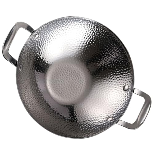 Beaupretty Sartén de Acero Inoxidable 8 Pulgadas Doble Asa y Diseño Martillado, Olla Seca para Cocina Doméstica y Barbacoa Coreana, Utensilio Resistente al Calor para Cocinar Preparaciones