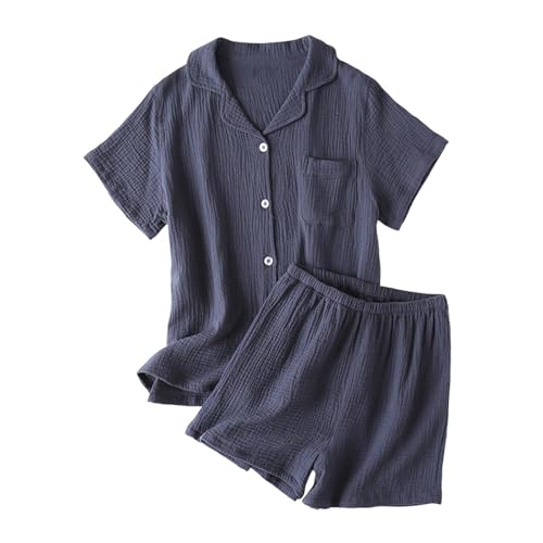 2 Piece Men Summer Cotton Pajamas Set, Short Sleeve Button Down Loose Shirts Pjs and Shorts Comfy Breathable Loungewear