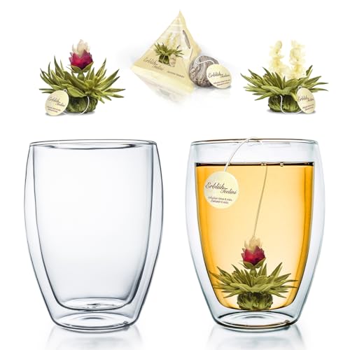 Creano 2 Bicchiere 250ml a Doppia Parete – Vetro Termico Borosilicato INCLUSO due Fiori di Tè Tèlini - Idea Regalo Donna Uomo 2x 250ml con 2x Tèlini Tè Fiorito