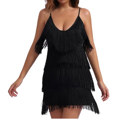 V Neck Cami 20S Tassel Dress Fringe Party Costume, Women's Halloween Flapper Tassel Spaghetti Strap Loose Mini Gatsby Dress (Black, X-Large)