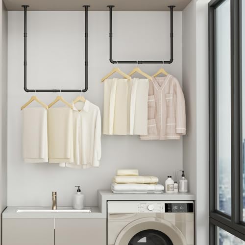 YheenLf Kleiderstange Deckenmontage schwarz aus Metall, Garderobenstange Deckenmontage 30 kg Traglast, in Handarbeit hergestellt & pulverbeschichtet, Hängende Kleiderstange B69cm x H60cm