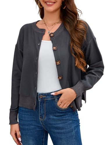 YesFashion Strickjacke Damen Kurz Elegante Langarm Strick Cardigan mit Knöpfen Casual Schulterjacke Bolero Top für Herbst Winter Grau M
