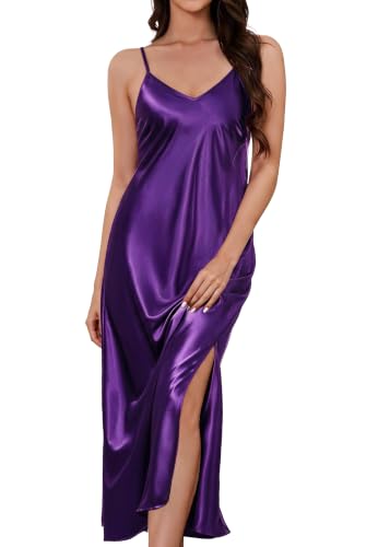 Image of ALCEA ROSEA Women's Long Satin Slip Dress Nightgowns Sexy Lingerie Adjustable Strap Midi Dress Silky Gown V Neck Under Dress