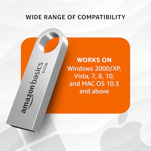 Image of Amazon Basics 64 GB Flash Drive | USB 2.0 M Series | Temperature, Shock and Vibration Resistant | Metallic Silver