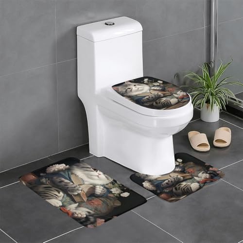 和風 猫 おもしろ 猫柄 ねこ トイレマット 3点セット フタカバー 浴室足ふきマット 吸水 速乾 滑り止め 抗菌 防臭 洗える ふわふわ プレゼント 40x60cm