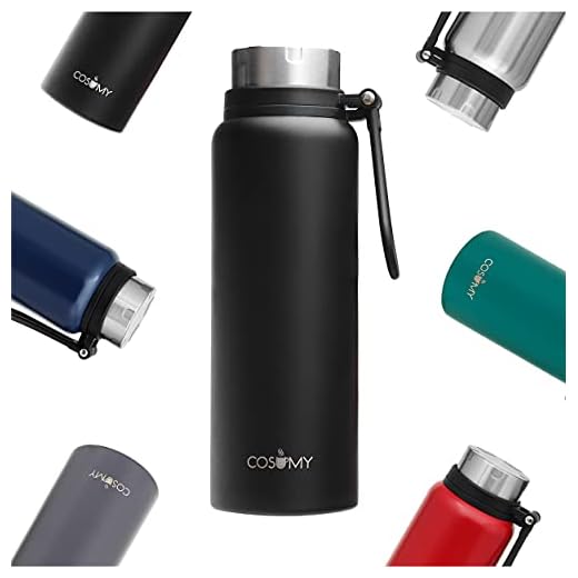 Botella Termo para Agua Fria o Cafe - 1 Litro - Negro - Grande - Acero Inoxidable - Botella Termica para Llevar