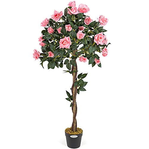 Christow Artificial Rose Tree Pink Flowers Twisted Wooden Trunk Potted Indoor Outdoor 4ft