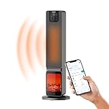 Stufa a Torre con Effetto fiamma e Controllo da Smartphone con App Caminetto Elettrico Doppia Potenza 800/2000W Display a LED con Telecomando