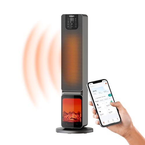 Stufa a Torre con Effetto fiamma e Controllo da Smartphone con App Caminetto Elettrico Doppia Potenza 800/2000W Display a LED con Telecomando