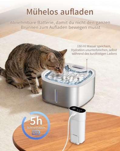 AIAUON Katzenbrunnen kabellos 118oz/3,5L Katzenbrunnen Edelstahl (2Filters) – Ansicht 3