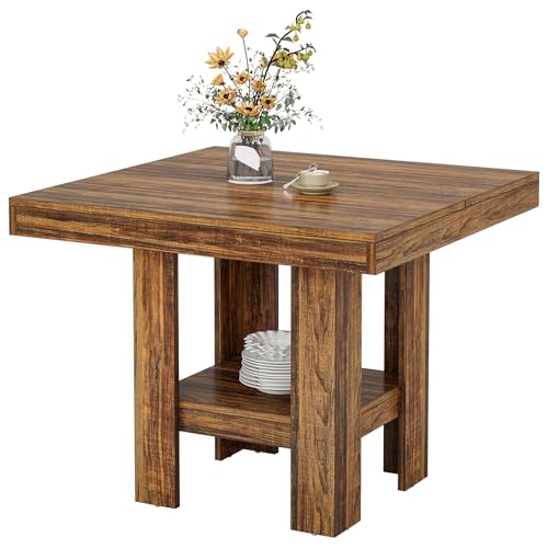 Tribesigns 31.5インチ 正方形 ダイニングテーブル 4人用 小さなキッチンテーブル 棚付き コンパクトなダイニングルーム家具 アパート オフィス リビングルーム レストラン ブラウン