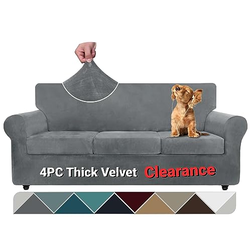 ZNSAYOTX Luxury Velvet Couch Cover 4 Piece Stretch Sofa Covers for 3 Cushion Couch Thick Soft Spandex Sofa Slipcover Living Room Anti Slip Dogs Pet Furniture Protector (Grey), 71″-91″(3 Cushions)