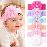 XIMA Baby Girl Headbands with Large Chiffon Flower and Pearl, Soft Elastic Hair Accessories for Newborn Infant Toddler, 6 Pack
