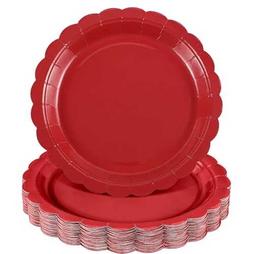 NatNarr 30 Pcs Red Paper Plates 9 Inch Scalloped Red Dessert Dinner Plates Cute Party Plates for 4th of July Birthday Picnic