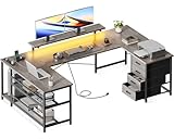 ODK U Shaped Desk with Power Outlets & LED Strip & Monitor Stand, 66' Reversible L Shaped Desk with Drawers and Storage Shelf, Home Office Gaming Desk, Grey Oak