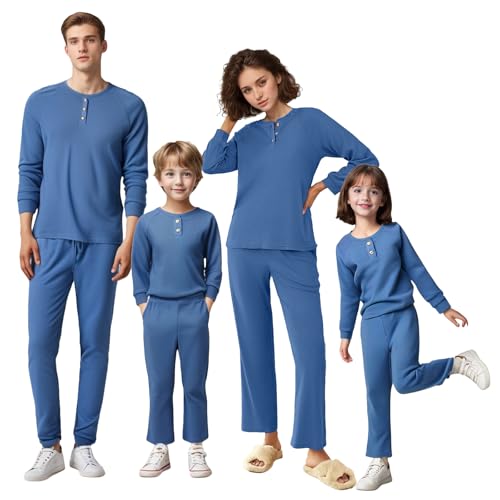 IFFEI Waffle Knit Family Matching Pajamas Sets 2 Piece Lounge Set Long Sleeve Soft Loungewear Sleepwear Joggers with Pockets 8-9Y Blue