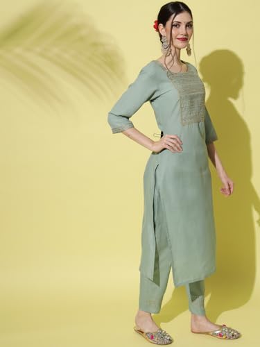Image of VredeVogel Women Cotton Slub Straight Kurta Set With Pant and Net Embroidery Dupatta