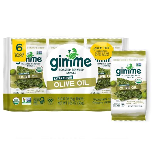 Image of Gimme Seaweed Organic Premium Roasted Seaweed Snack, Olive Oil, .17oz, 6 CT | Keto, Vegan, Gluten Free, Great Source of Iodine & Omega 3's, Healthy On-The-Go Snack for Kids Adults