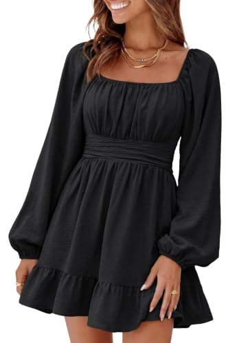 Image of Dokotoo Womens Dress Long Lantern Sleeve Square Neck Tie Backless Sexy Dress Ruffle Elastic Waist A-Line Mini Dress