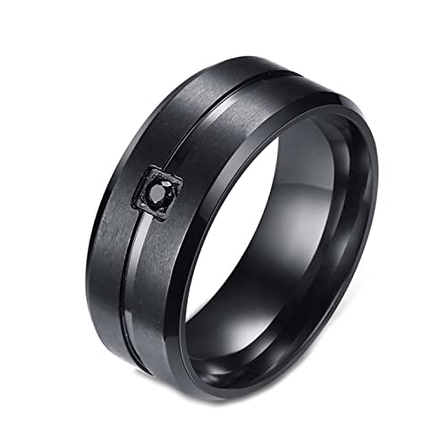 Whoiy Alianzas de boda de 8 mm de ancho, color negro con circonita, anillos de acero inoxidable, ranura en el centro, anillos de compromiso para hombre, mate con grabado personalizado, bisutería para