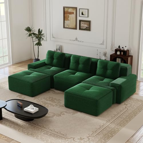 Image of 117 inch U-Shaped 3-Seater Modular Boneless Couch with 2 Ottomans, Cozy Corduroy Upholstery, Deep Seat Cloud sectional Sofa, No Assembly Anti-Slip Stable Design, Green