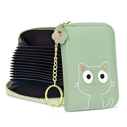 Image of CONISY Cute Small Women Credit Card Holder Wallet with Keychain Wristlet (green cat)