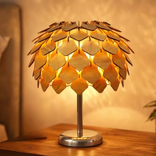 Image of Handcrafted Wooden Table Lamp, Minimalist Lighting for Bedroom, Living Room & Office, Eco-Friendly Desk Lamp, LED Bulb Compatible, Rustic Home Decor Accent Light (Pinecone)