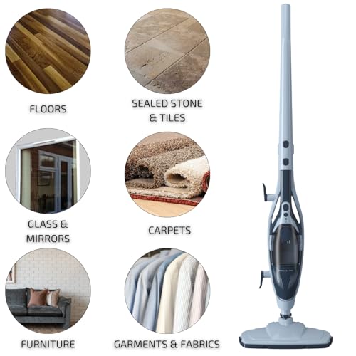 OVENTE 10-in-1 Steam Mop with Detachable Handheld Steamer, Foldable Handle and 400ml Removable Water Tank, MultiPurpose Home Cleaner for Tile Grout, Hardwood Floors, Carpet and Furniture, Blue ST505BL