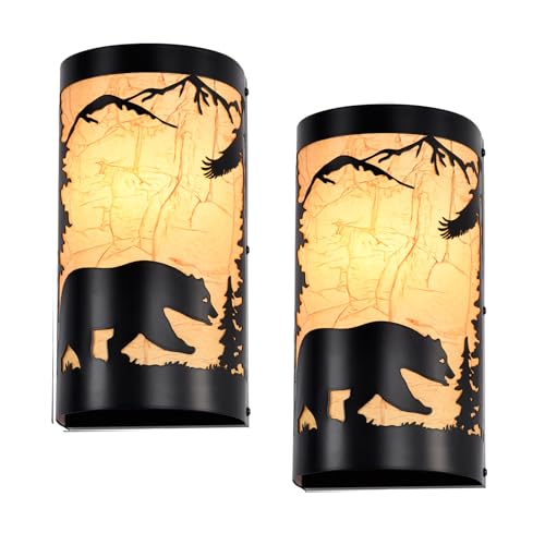 Image of Black Wall Sconces Set of Two,Bear Metal Yellow Parchment Rustic Wall Sconces,Farmhouse Hallway Wall Light Fixtures,Industrial Indoor Wall Lamps for Living Room,Bedroom(Hardwired Only)