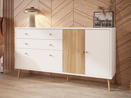 Cassettiera HARLLSON EasyKlix 160 con Decoro Legno: Rovere Mauvella Gambe Alte in Legno Credenza con 2 Cassetti e 3 Ante Scandinavo Stile Retro 160x86x41 cm bianco