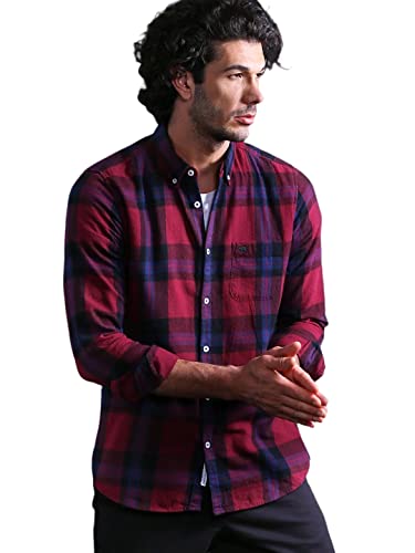 Image of THE BEAR HOUSE Men's Cotton Slim Flannel Button-Down Casual Shirt |Maroon |L |TBH-UBER-MR-L |