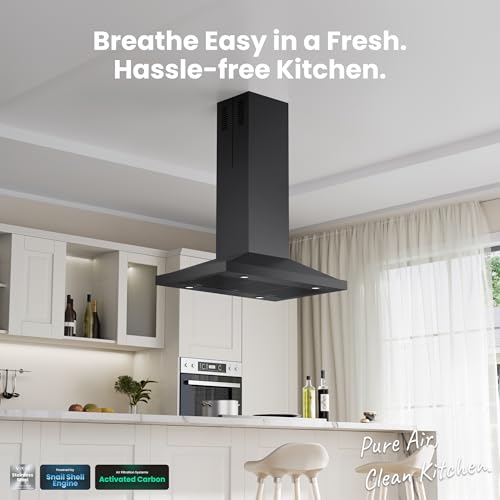 Image of VIKIO HOME Island Range Hood 30 Inch, 390 CFM kitchen Hood with Touch /Gesture Control, Ceiling Mount Kitchen Vent Hood, Convertible Ducted /Ductless, 3-Speed Fan&4 LED Lights, 2 Baffle Filters, Black