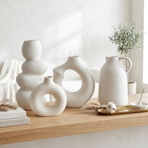 Image of Ceramic Flower Vase Set of 4 | Modern Nordic Minimalist White Decorative Vases (Donut, Arch, Bubble & Handle Design) | Pampas Grass & Dried Flower Vase for Living Room, Table, Shelf & Office Decor