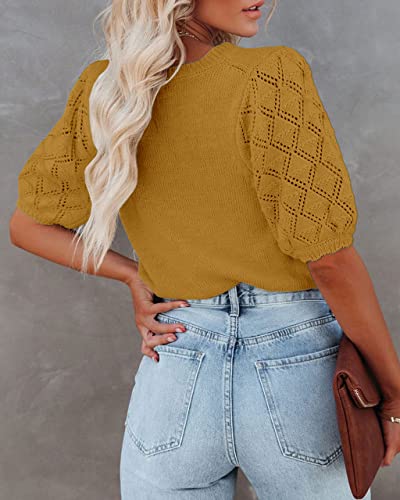 Womens Short Sleeve Sweaters Crewneck Knit Pullover Tops Casual Lightweight Crochet Blouse Shirt Yellow #TOP2