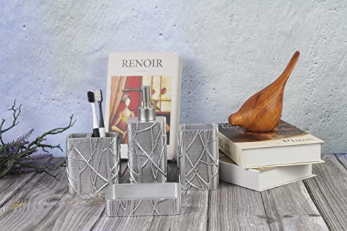 Hymmah Silver Bathroom Accessories Set,Toothbrush Holder,Farmhouse Bathroom Decor,4 Pcs Resin Gift Set Apartment Necessities, Contain Toothbrush Cup,Soap Dispenser,Soap Dish,Tumbler #TOP3