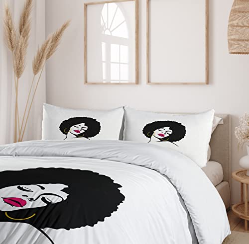 Lunarable Black Woman Duvet Cover Set, Woman With Afro Hair Pop Art Drawing Funky Earrings And Lipstick, Decorative 3 Piece Bedding Set With 2 Pillow Shams, Queen Size, Yellow Black #TOP5