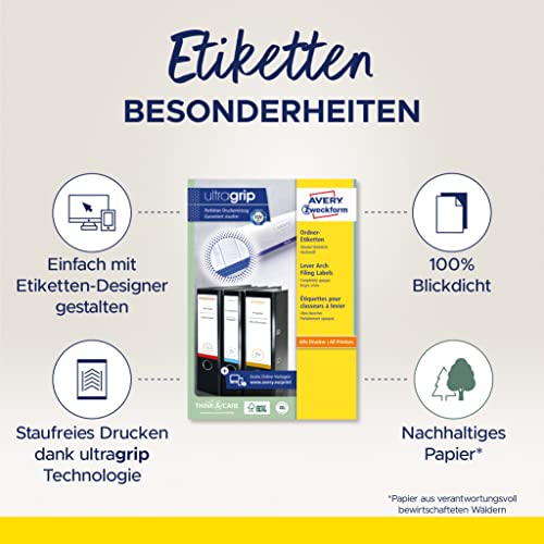 AVERY Zweckform L4760-25 Ordnerrücken Etiketten (210 Rückenschilder mit ultragrip, 38x192mm auf A4, schmal/kurz, selbstklebend, absolut blickdicht, bedruckbare Ordneretiketten) 30 Blatt, weiß