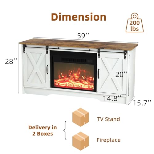 4 EVER WINNER Fireplace TV Stand with Sliding Barn Door, 23” Electric Fireplace Entertainment Center with Adjustable Storage Cabinets, Farmhouse TV Console Table for Living Room, White
