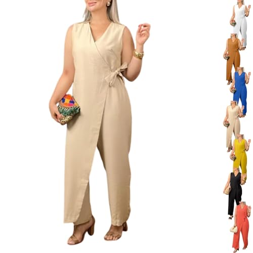 2025 Women's Casual V-neck Cross Strap Jumpsuit Summer Sleeveless High Waist Wide Leg Dressy Romper Outfits for Women (Apricots,XXL)