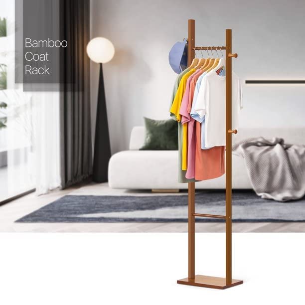 Image of Ginoya Brothers Wooden Coat Rack, Freestanding Hall Tree with Hooks Easy to Assemble Suitable for Children and Adult, Hat Clothes Rack Stand for Bedroom Office Entrance. (92-3 Walnut)