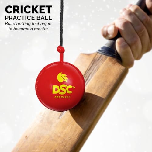 Image of DSC Hanging Leather Ball with Attached Nylon Rope - Premium Training & Bat Knocking Ball for Solo Practice, Hand-Eye Coordination & Stroke Improvement - Professional Grade Cricket Training Aid (Red)