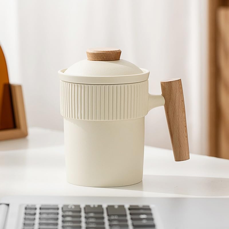Tasse à thé Tasse à thé en céramique jaune crème, simple et personnalisée, avec poignée en bois et couvercle filtrant Récipient de trempage(C)