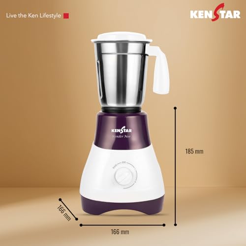 Image of Kenstar SLENDER NEO Mixer Grinder 500 Watts | 3 Multi-Purpose Jars | Powerful Turbo Motor | Overload Safety | White & Purple