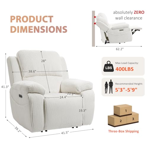 Image of EONIX Real Zero Clearance Wall Hugger Power Recliner Chair with Adjustable Headrest for Small Spaces, RV, Living Room, Bedroom, 24.4'' Seat Width, 400lbs Heavy Duty, SXXY017992, Corduroy, Cream White