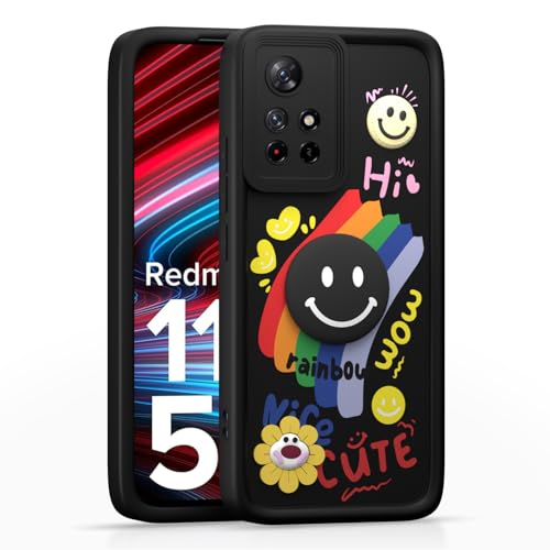 Image of Pikkme Back Cover for Redmi Note 11T 5G / Poco M4 Pro 5G | Soft Silicone| Cute Rainbow Smile & 3D Cartoon Flower Design | Shockproof Raised Camera Protection Bumper Case (Black)