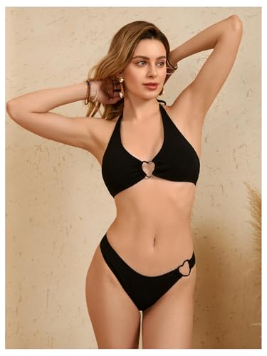 OYOANGLE Women's 2 Pieces Bikini Swimsuit Set Cute Heart Ring Textured Halter Bikini Swimwear3