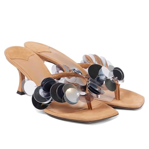 Image of Goolita Women's Suede Sequin Kitten Heels Flip Flops Open Square Toe Strappy Thong Slide Heeled Sandals Comfort Prom Party Mules Heels