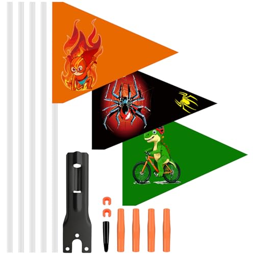 FULHANY Fanion De VéLo - Drapeau Triangulaire VéLo - Fanion VéLo Enfant Set - RéGlable, 5 MâTs De Drapeau, Araigres, Dinosaure à VéLo Et Drapeaux De Singe De Flamme Pour Les VéLos Pour Enfants