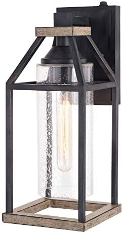 VAXCEL Napier 15 in. H 1-Light Forged Black and Rustic Elm Dusk to Dawn Sensor Outdoor Wall Sconce, Durable Steel, Clear Seeded Glass Shade, LED Compatible for Porch Patio Front Door or Garage