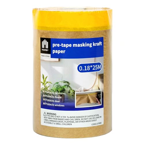 Image of Voomey Pre-Taped Masking Paper for Painting - 7 inch x 82 feet Tape and Drape Painters Paper, Paint Adhesive Protective Roll for Covering Skirting, Frames, Cars and DIY Projects